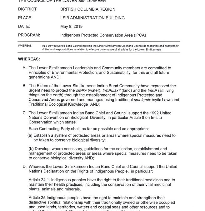 Lower Similkameen Band Council Resolution for the IPCA Program May 2019